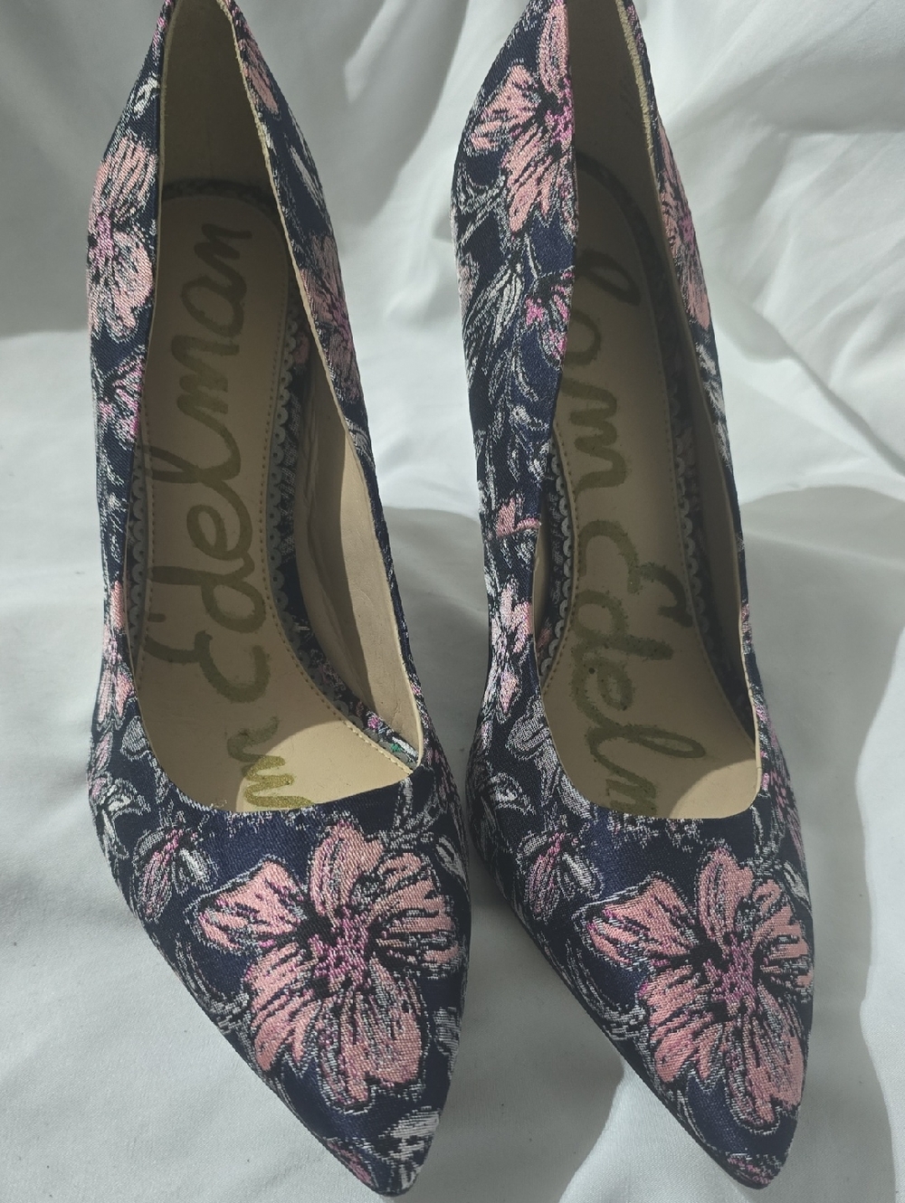 Sam Edelman Navy Floral Pointed-Toe Pumps with Pink Blooms